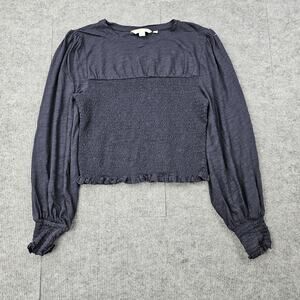 Boden Shirt Womens 8 Navy Smocked Ruffle Hem Blouse Peasant Cottage Minimalist